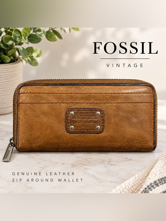 Fossil Handbags - Vintage Fossil Leather Zip Around Wallet Brown Tan Key Print Lining